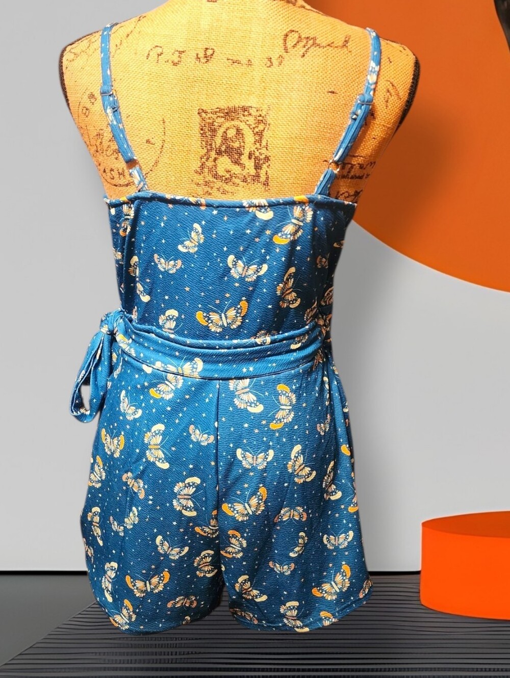 Unique Vintage Blue Butterfly And Star Print Lotti Wrap Romper - Picture 8 of 12